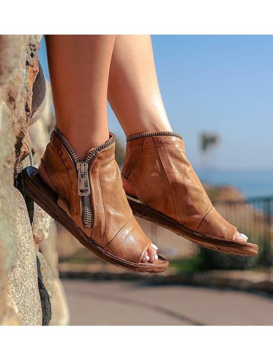 A.S.98 Shoes - A.S.98 Ritchie Flat Sandals Peep Toe Bootie EU 36 5.5 6 Camel Leather Zipper NEW